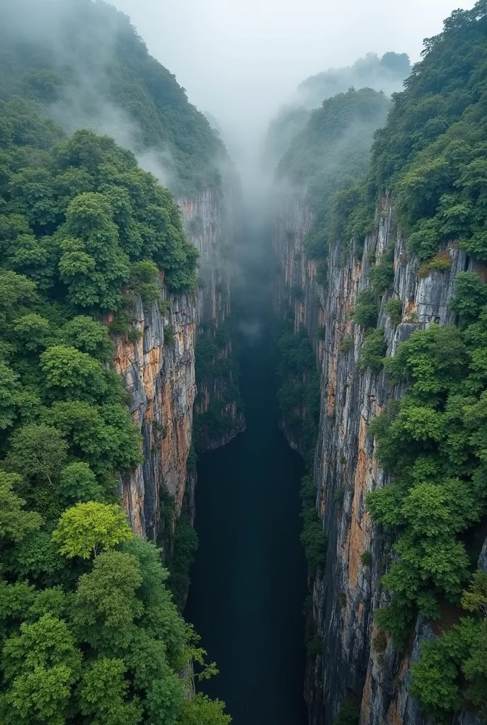 A mystical aerial perspective of Pa Thơm Cave in Điện Biên, Vietnam. The entrance of the cave is nestled within a dramatic limestone cliff, surrounded by dense tropical forest. Mist drifts around the towering karst mountains, creating a mysterious yet ench...