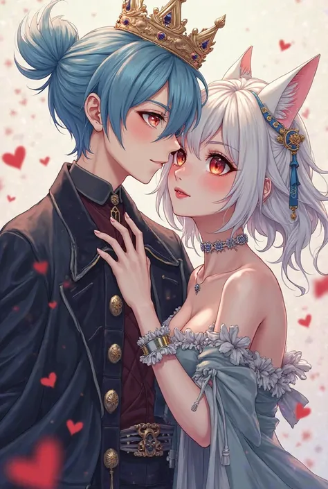 Black anime couple, light-skinned young boy femboy with light blue hair tied in a bun hairstyle and red eyes, tall adult woman with white hair with cat ears , hugging the woman ,With king and queen crown, in addition to elegant clothes 
