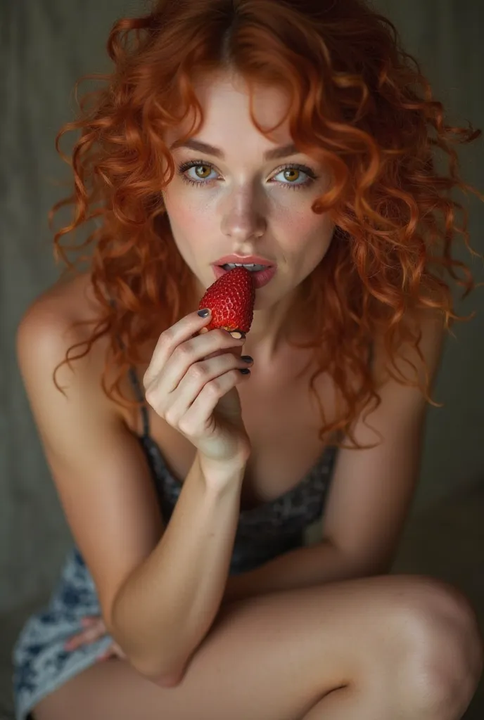 "Close-up portrait of a slender woman with golden ratio proportions kneeling gracefully, her naturally curly red hair cascading over her shoulders as she gazes seductively at the viewer. She holds a ripe strawberry delicately between her fingers, her lips ...