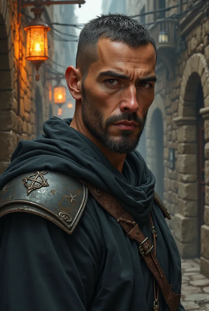 An intricately detailed portrait of Alaric Stonefist, a disciplined human monk with a chiseled, angular face marked by a subtle scar from his left temple to his cheek. His intense hazel eyes and neatly groomed short beard exude quiet wisdom and resolve. He...