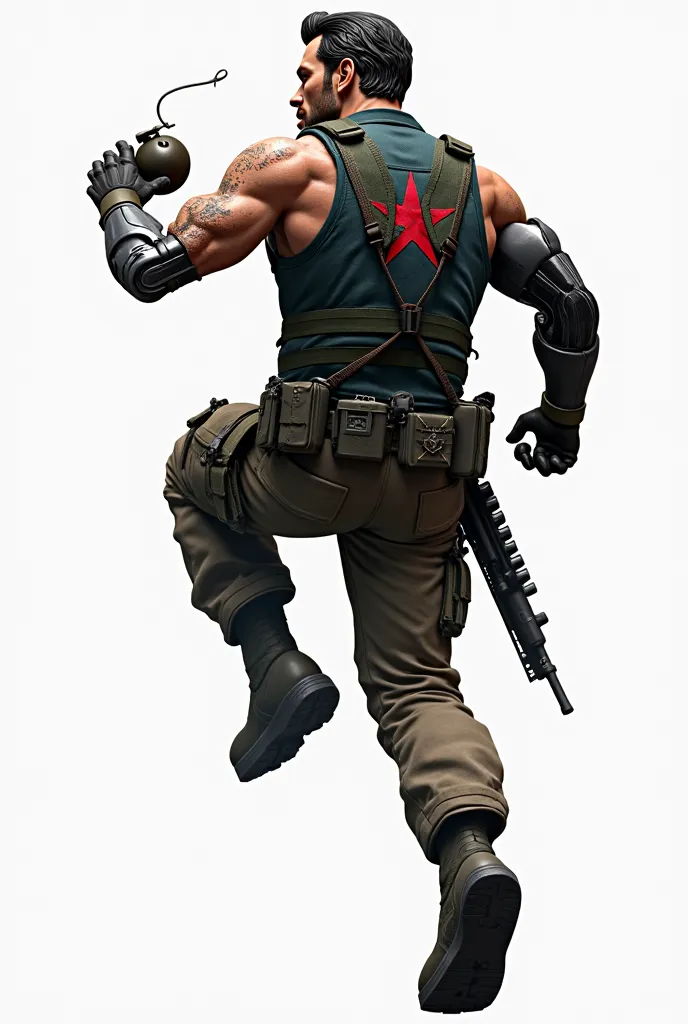 Rear view profile of marvels winter soldier buckybarnes, rugged  scarf, holsters and harnest,  bionice left hand and arm and shoulder with red star insignia on tactical navy green sleevless tactical vest, metallic bionic hand and arm and shoulder, single e...