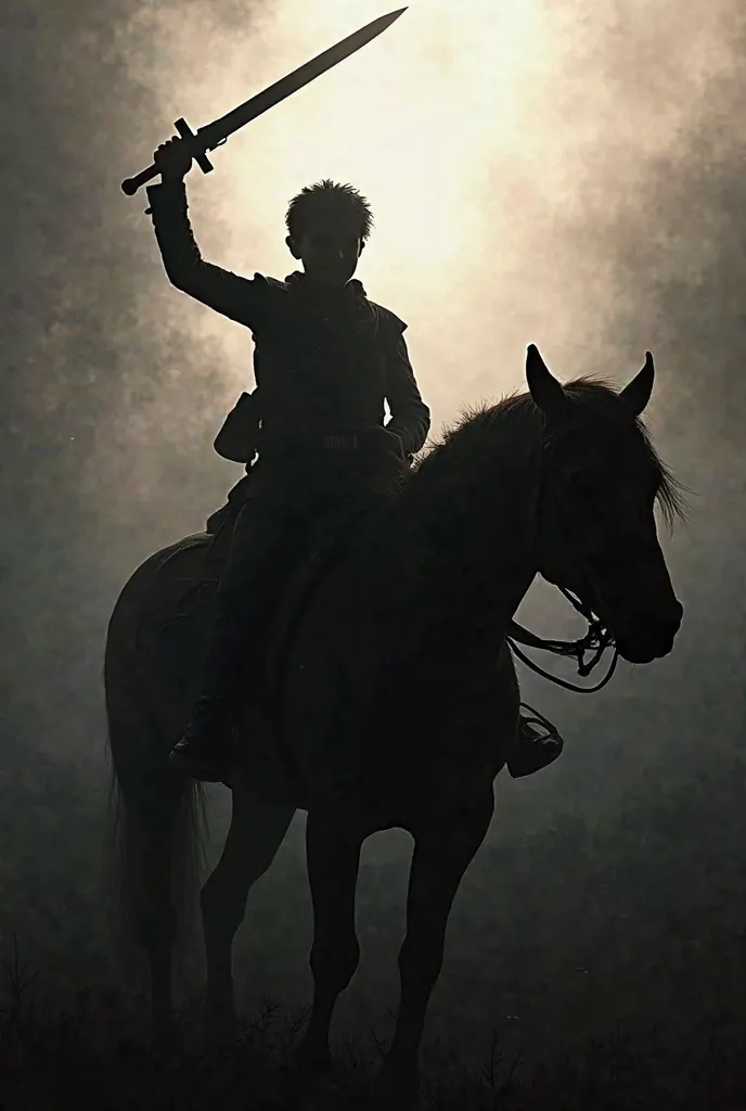 A young solider sitting on horse waving a sword from a zoom close up in the form of shadow. Any of the things shouldn't be clear like real thing all of the things should be in the form of shadows