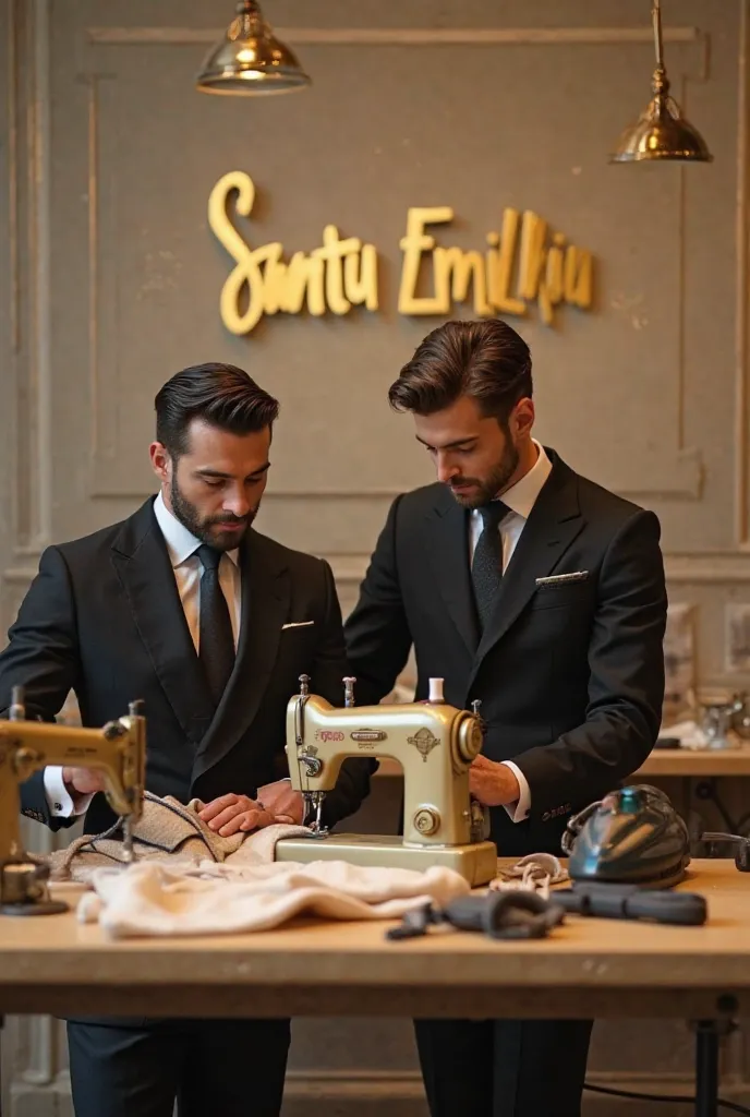 Mundo Minuscos, with handsome Italian model men wearing tiny real black suits working on making a designer's coreselet "Santu Emilliu " working with fabrics , tape measures and sewing machines iron.  legible writing with your name on the background of the ...