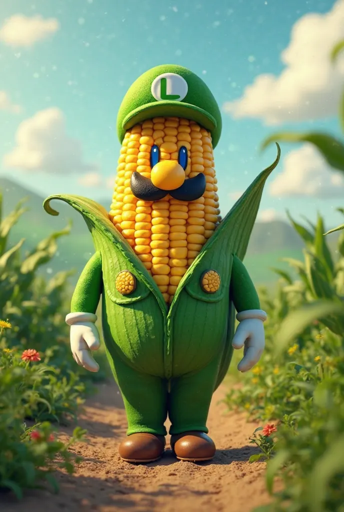 Create a video of a corn dressed as a super real Luigi