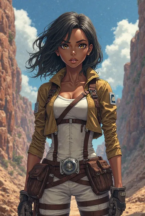 Anime style black girl, with medium wavy hair, and brown with amber eyes, medium breasts in an Attack on Titan setting dressed in exploration squad clothing 