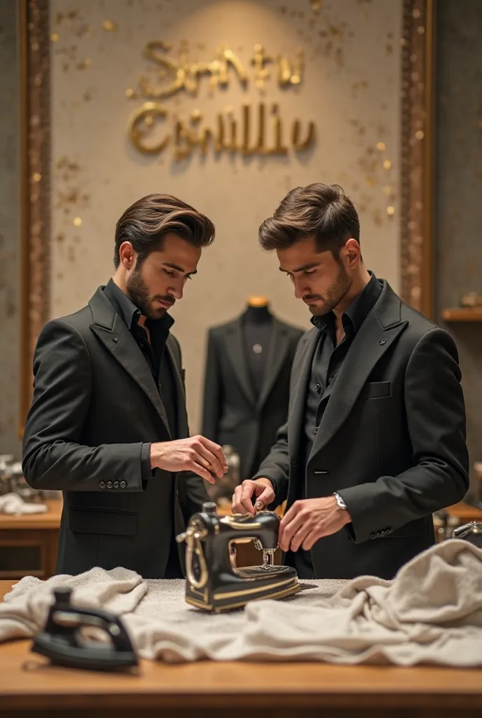 Mundo Minuscos, with handsome Italian model men wearing tiny real black suits working on making a designer's coreselet "Santu Emilliu " working with fabrics , tape measures and sewing machines iron.  legible writing with your name on the background of the ...