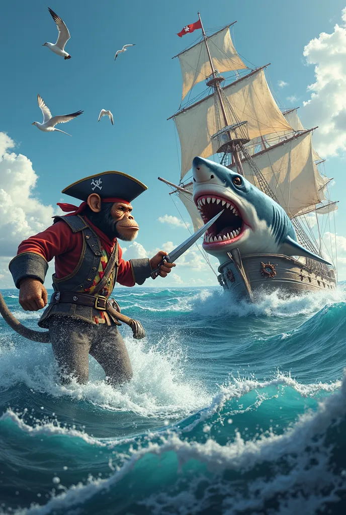 Monkey pirate vs shark on a pirate ship in the ocean blue sky