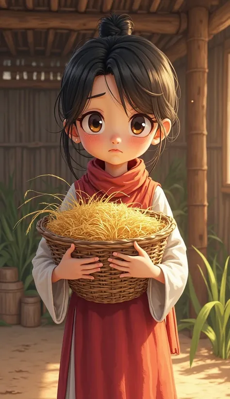 A young girl about 18 years old, sad eyes, white skin, beautiful face, carrying a woven basket full of rice grains, in a simple wooden house, sunlight through the bamboo wall, she wears Vietnamese traditional four-panel dress and a scarf, cartoon drawing s...