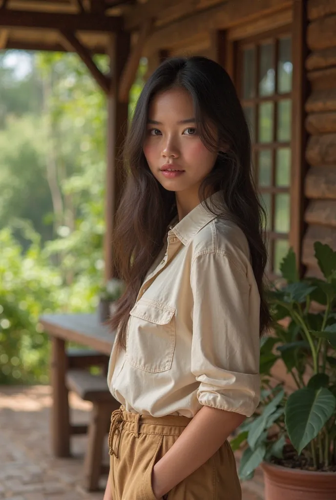 
A pretty real Colombian smooth-haired girl with pants and nice shirt in a country house
