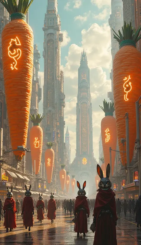 A futuristic world ruled by intelligent rabbits. Towering carrot-shaped skyscrapers dominate the skyline, covered in glowing neon signs with rabbit symbols. The streets are filled with advanced rabbit citizens wearing elegant robes and cybernetic enhanceme...