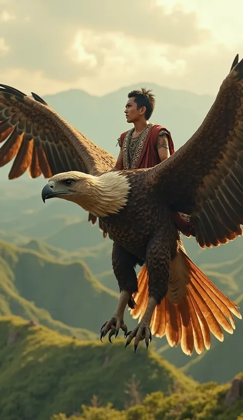 Real image of an Indonesian man riding a giant eagle flying in the hills close up camera