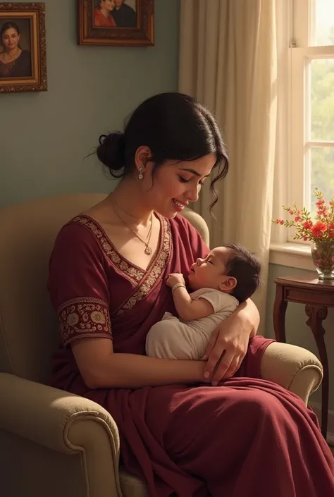 In a serene, cozy corner of the house, Nirmala a beautiful women sits in a soft armchair, holding the newborn close to her chest. The baby suckles at her breast, and Nirmala’s eyes close in a mixture of pleasure and surprise. Her saree is a rich maroon, wi...