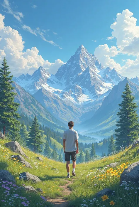 ((Masterpiece:1.4,t-shirt)), cloud,    outdoor
(mountains), spring light, landscape, sky,
(noon:1.4), high detail, abundant , 8K, high detail,  wallpaper,
 