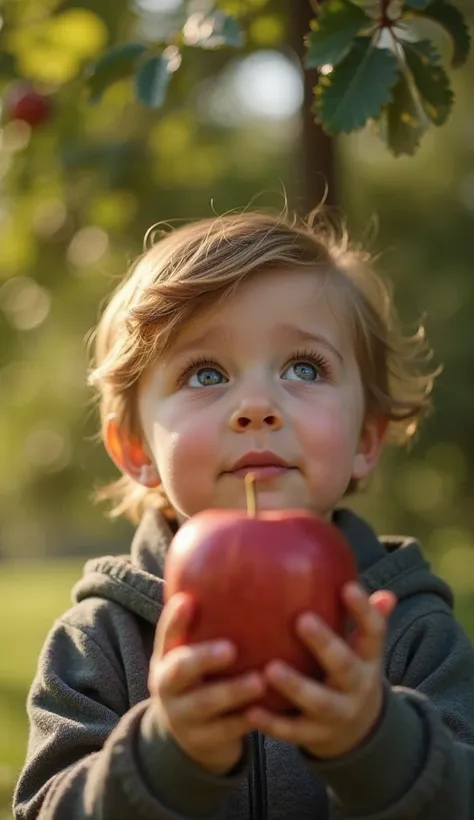 " A small ,  with eyes full of wonder , staring intently at the magic tree while holding a shiny apple in his hands. movie style, soft, natural light illuminating your face, with the tree out of focus in the background. Focus on the expression of curiosity...