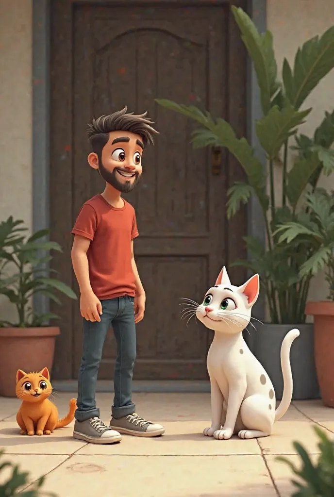 In the scene there are 3 characters, being a human,  two cats , being a male orange cat and a female white cat smaller than the male orange cat.
A funny and unusual scene there are 2 cats, Being a male and a female, the male is a very cute orange cat with ...