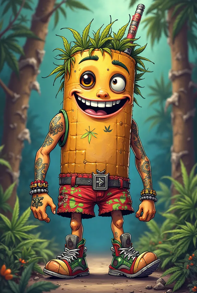 2D cartoon of a drugged marijuana cigarette with tattoos, legs, arms, face, shorts and jewelry. 