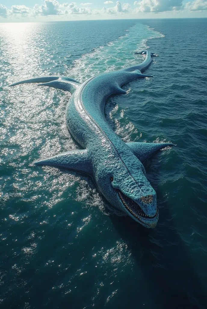 A gigantic sea creature ( looking like leviathan) swimming in the ocean. Also this image is taken from above , more specifically from a drone's or a helicopter's perspective 