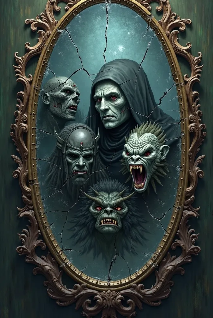 In the broken mirror, different faces are visible on the mirror fragments: "undead king, black knight, shaman, werewolf and troll" 