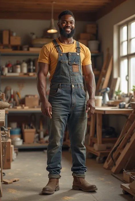 Create an image of a black man, Carpenter, Stop in front of the camera, smiling, Age 28