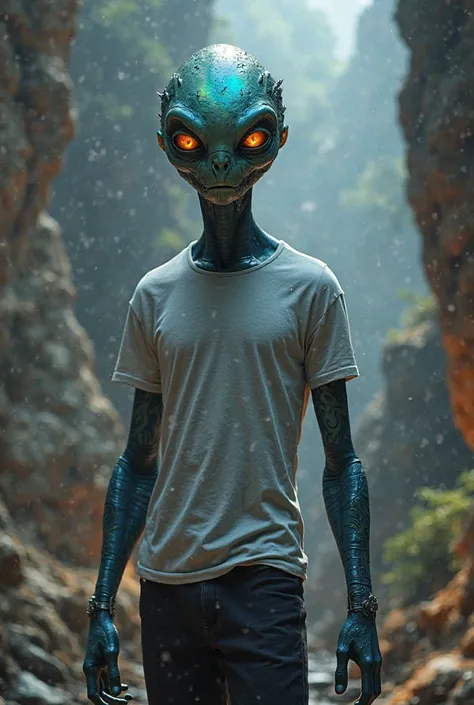 A Cool alien standing with a basic t-shirt