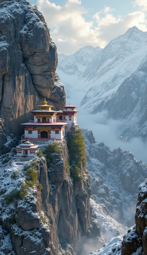 An ancient Tibetan monastery, hidden deep within the snowy Himalayan mountains. The temple is carved into the cliffs, with intricate golden details and large prayer flags fluttering in the wind. A mystical aura surrounds the place, with soft sunlight pierc...