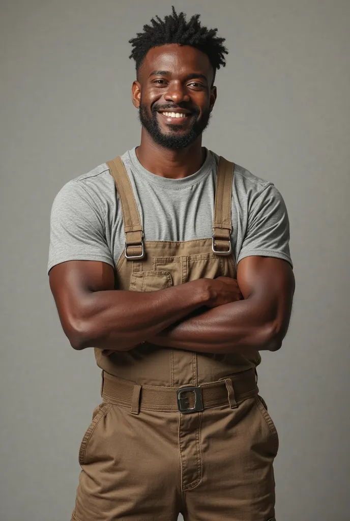 Créer une image portrait d'un homme noir, menusier, arreter de face a la camera, souriant, age 28, 