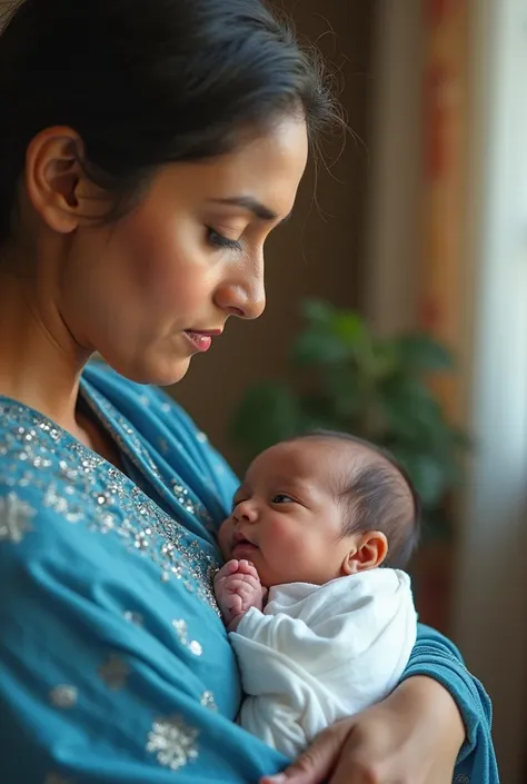 A close-up shot of the baby’s tiny fingers gripping Nirmala a young beautiful womens saree, their soft, delicate skin pressed against the fabric. Nirmala’s face is filled with emotion, her eyes wide with the realization of the deep connection she now share...