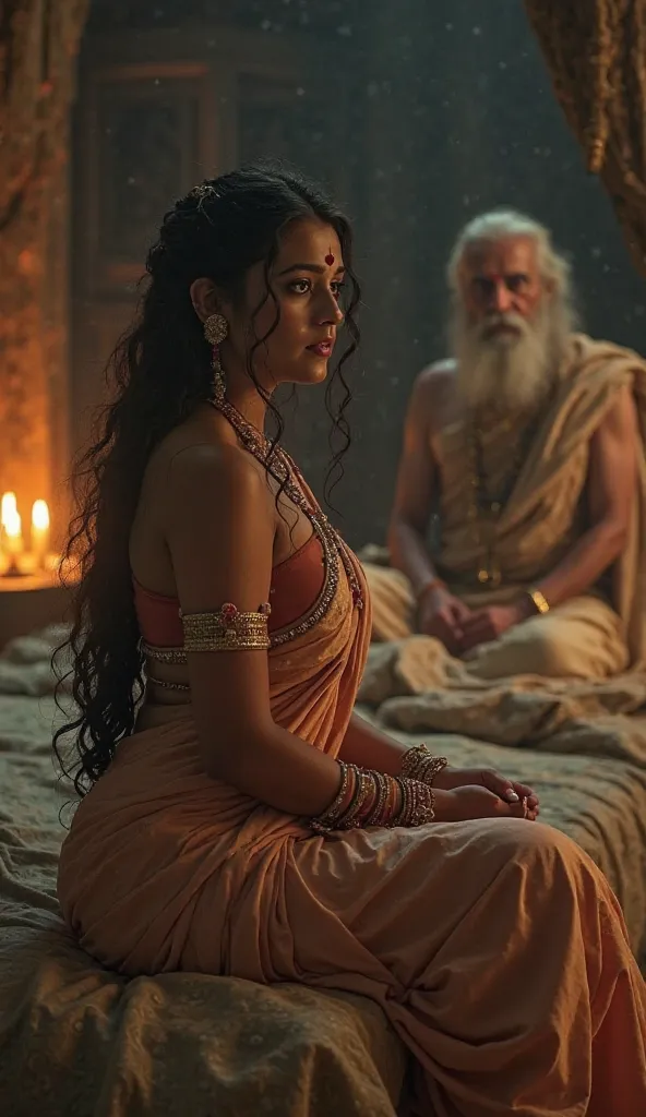 A grand yet dimly lit room  with a bed and flickering torches casting eerie shadows. Princess Ambalika, an ancient hindu Princes with big breasts and curvy body with fair skin, seating trembling in her silk garments. Her face is pale with terror, and her h...