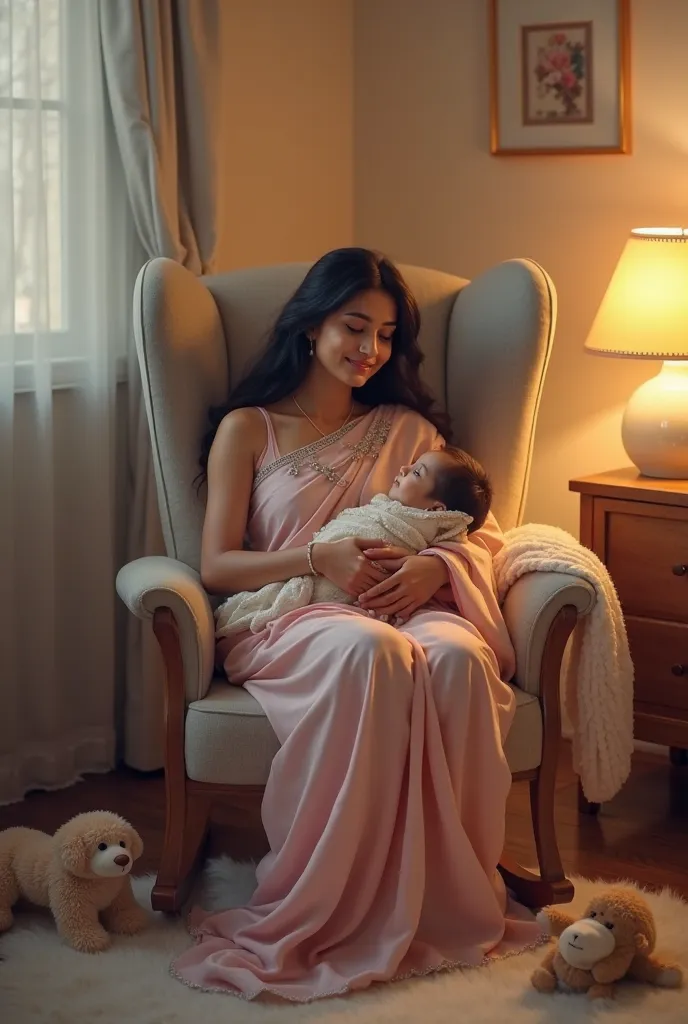    "In a quiet, softly lit nursery, Nirmala a beautiful women sits in a rocking chair, cradling the baby in her arms. Her saree is a soothing pale pink, with intricate silver threads woven through it. Her long, dark hair falls loosely around her shoulders,...