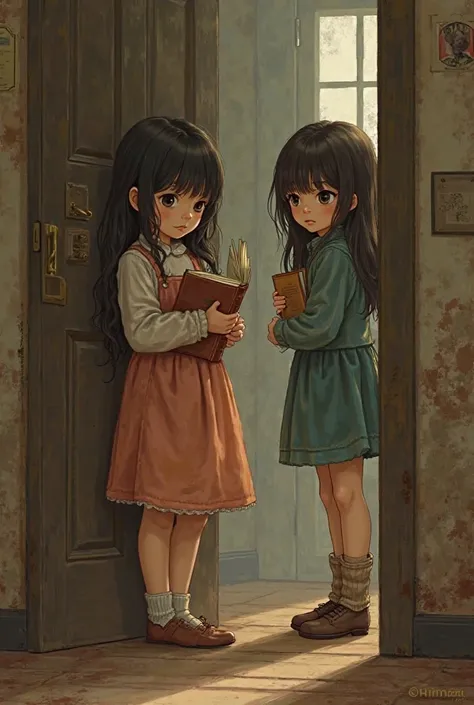 The image of a girl who hides a book in are and a girl who stops in front of the door 