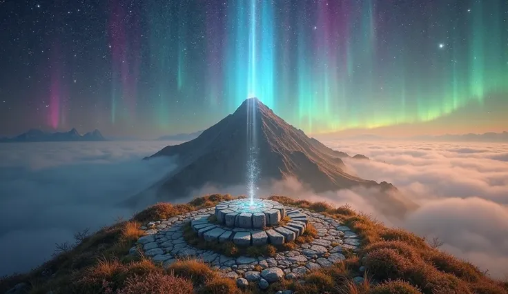 "A majestic mountain surrounded by golden mist, under a starry sky with vibrant auroras. At the top, a circle of ancient stones resonates with mystical energy, pulsating in shades of blue and violet. The wind blows softly, moving the vegetation with an alm...