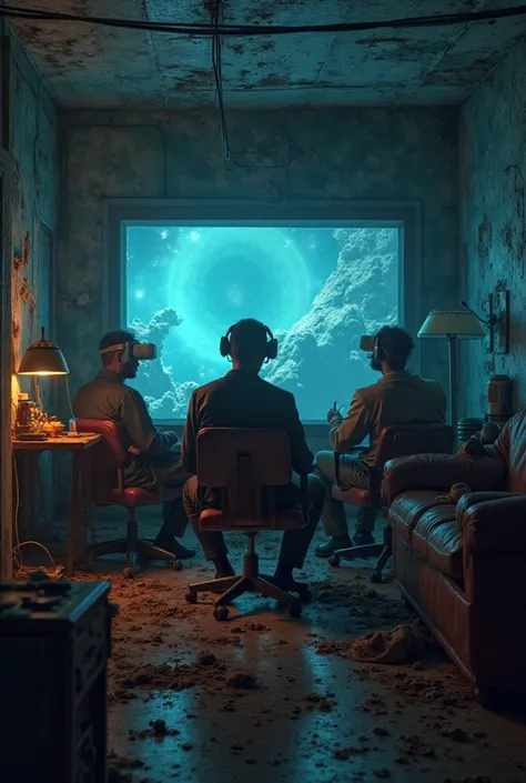 A world where people live entirely in VR, sitting in small rooms while their digital avatars experience lavish virtual lives. A contrast between the real-world decay and the ultra-luxurious virtual universe. Hyper-detailed, thought-provoking, cinematic lig...