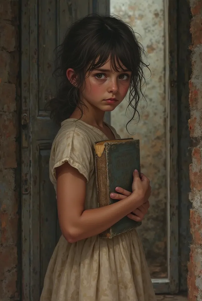 A girl who hides a book in her back because of her sister in front of the door 