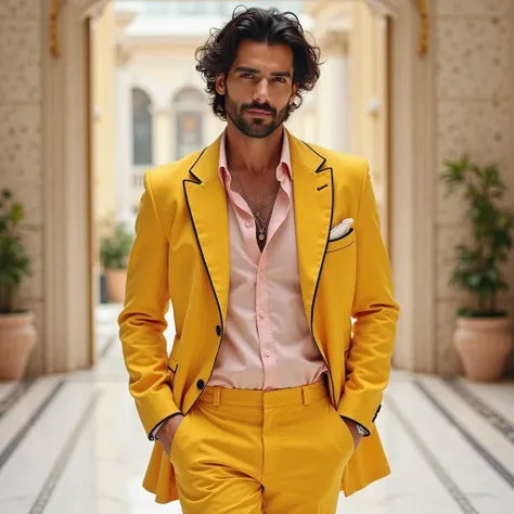  A European  Actor man ,  wavy black hair eclectic physique ,  muscular.  He wears a  coat in yellow  suit with black piping on the edges on the edges of the coat , consisting of  tailoring pants ,  combined with a linen light pink shirt ,  who adds a casu...