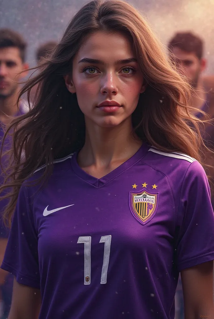 a girl who is a fan of the Fiorentina soccer team, In the purple jersey, with dark brown and long hair