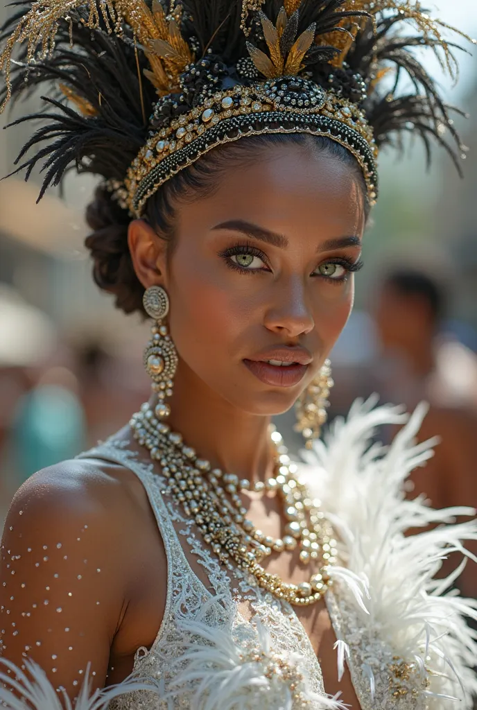 Brazilian woman at Carnival highlighting her face with a white glitter costume, your skin tone light brown,  vibrant green eyes, with decorative feathers on the head black and gold details.