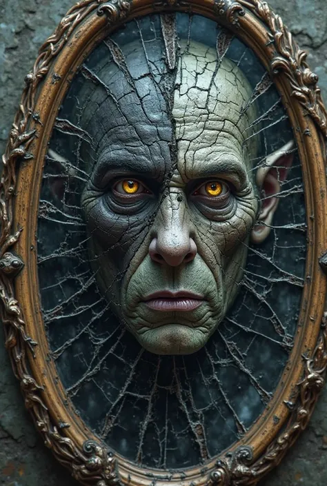 On the broken mirror on each piece of the mirror are visible. On the first one is the undead king,On the second is a black knight, on the third is a shaman, on the fourth is a werewolf and on the fifth is a troll, and so that parts of the face are visible ...