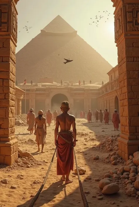 An ultra-realistic image ilo point of view (throw), capturing the first-person perspective of a person, that is in Ancient Egypt as if it were a video game in first-person view. The Work at the Construction Site Building a pyramid. rocks being dragged, wor...