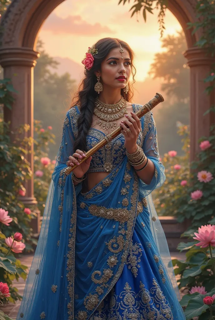 A divine and mesmerizingly beautiful woman, Radha Rani, stands in a celestial palace garden, bathed in the golden glow of twilight. She holds a delicate flute in her graceful hands, her expression filled with longing as she awaits her beloved Krishna. She ...