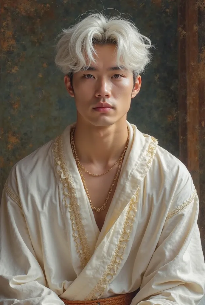 white hair, 17-year-old male, , pretty, 아폴론이 연상되는, handsome, handsome, king, king자, Crown Prince, painting, Clean , amazing, Chin,  comfortable  복장, , playful expression reminiscent of God, , reminiscent of Apollo {x} has a closed mouth but the corner of t...