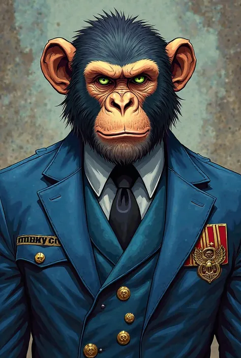 Un heros de guerre singe trop beau au yeux verts avec costume et gilet bleu écrit Mnky.