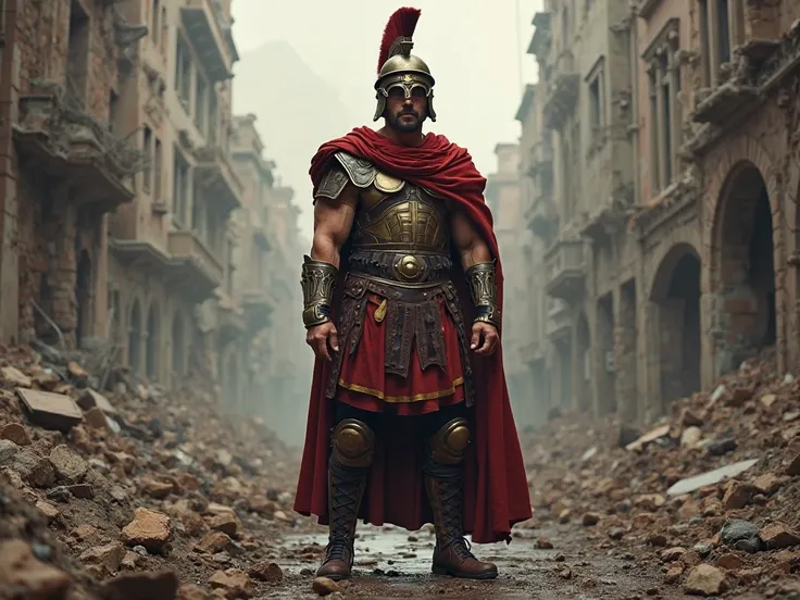 a Roman soldier wearing a Roman helmet, red overcoat, black pants and tactical boots, against the background of a destroyed city