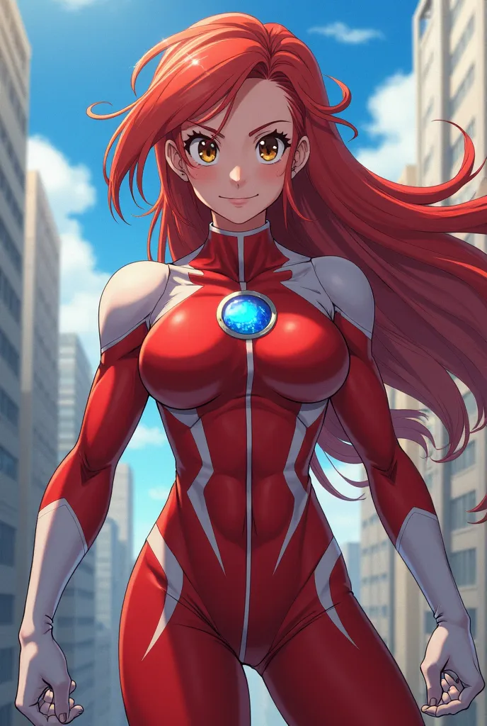 My Hero Academia Style , Anime girl, female, young female,muscular female,Full Body Shot,(fighting Pose:2),Long hair, Red Hair,  Brown Eyes,Hero Suit, Full Body Suit, red suit with white details,small round blue jewel in the center of the chest, perfect an...