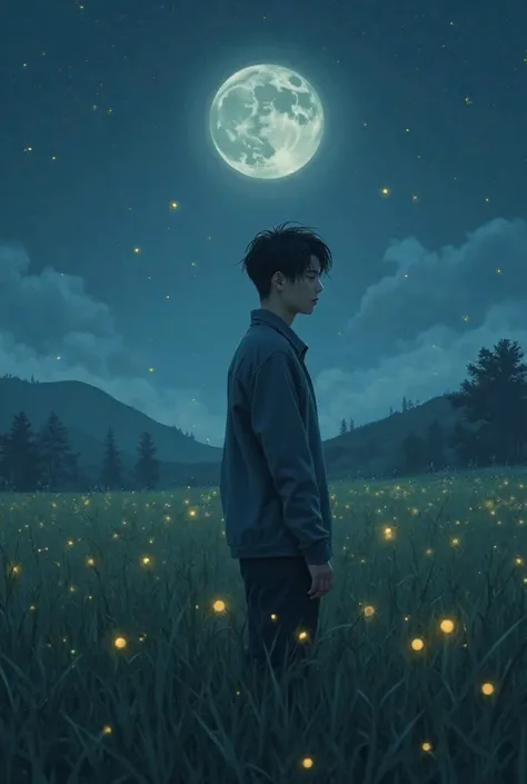 Sad young man in a field with fireflies looking up at the sky   