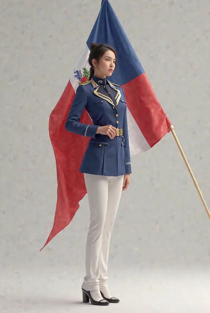 Make a flag bearer uniform in the colors of the Dominican Republic with white pants and white shoes on female agers 