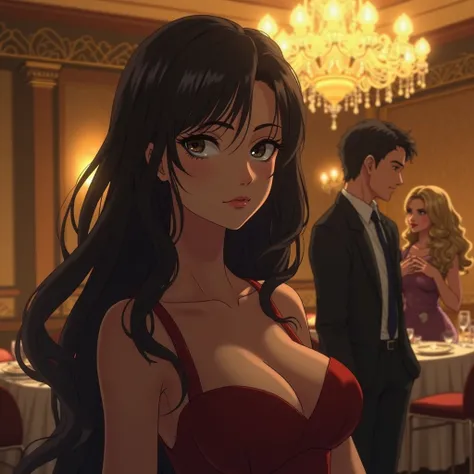 "A dramatic anime-style scene featuring a sophisticated woman with long, flowing dark hair and sharp eyes, standing in a lavish restaurant with a golden background. She has a calm yet intense expression as she overhears her husband and his lover secretly m...