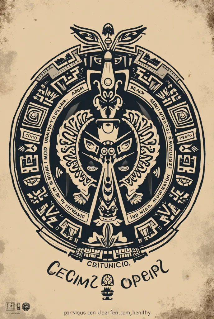 I need an ideogram in the form of a pre-Hispanic seal for a Mexican food company with the values of sustainability,  Social commitment ,  Health and Wellness ,  authenticity .