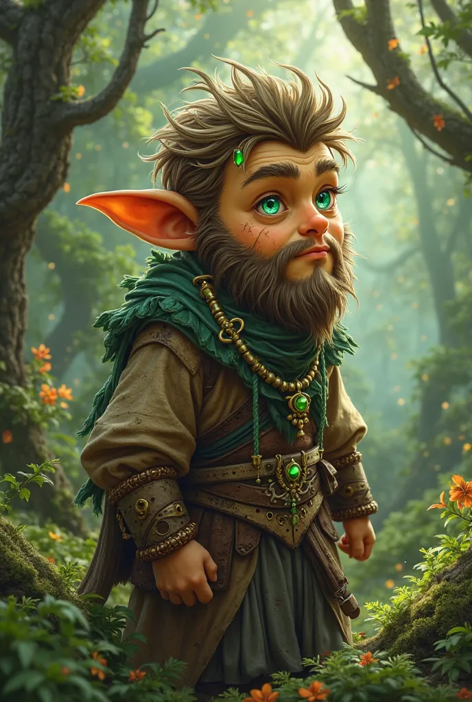 Male Gnome Druid, with features Hair: Brown with bright green reflections, eyes: greens, Shiny like leaves in the sun 
Pele: Walnut color, with small patches similar to tree bark  