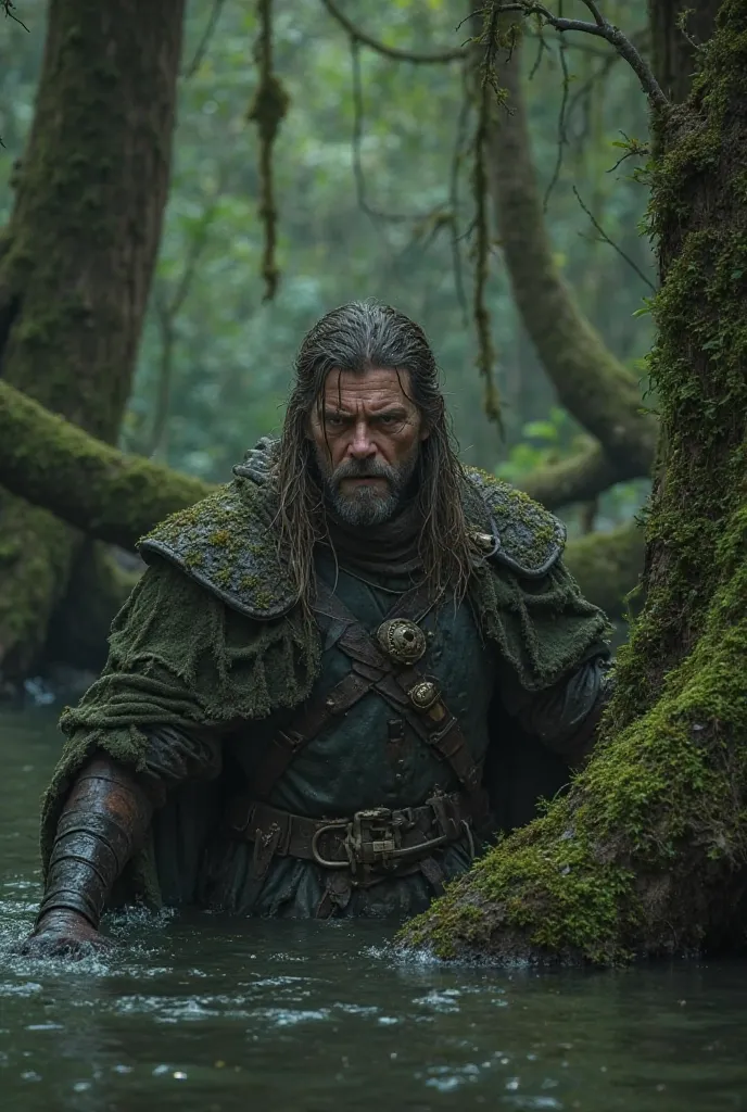 "The king is deeply stuck in the swamp, his efforts to free himself only making him sink further. His expression is filled with desperation. The swamp is thick and dark, with moss-covered trees around him."