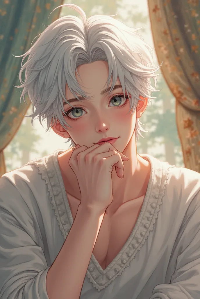 white hair, 17-year-old male, , pretty, Reminiscent of Apollo, handsome, handsome, king, king자, Crown Prince, painting, Clean , amazing, Chin,  comfortable  복장, , playful expression reminiscent of God, , reminiscent of Apollo {x} has a closed mouth but the...